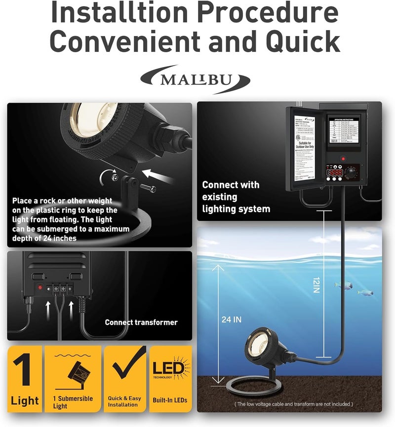 Malibu C MALIBU Landscape Lighting 5.4W LED Pond Light 12V AC Low Voltage Submersible Lights Underwater 2900K Warm White Waterproof Underwater Lighting for Outdoor Ponds Fountains Waterfalls 1Pack - Image 4